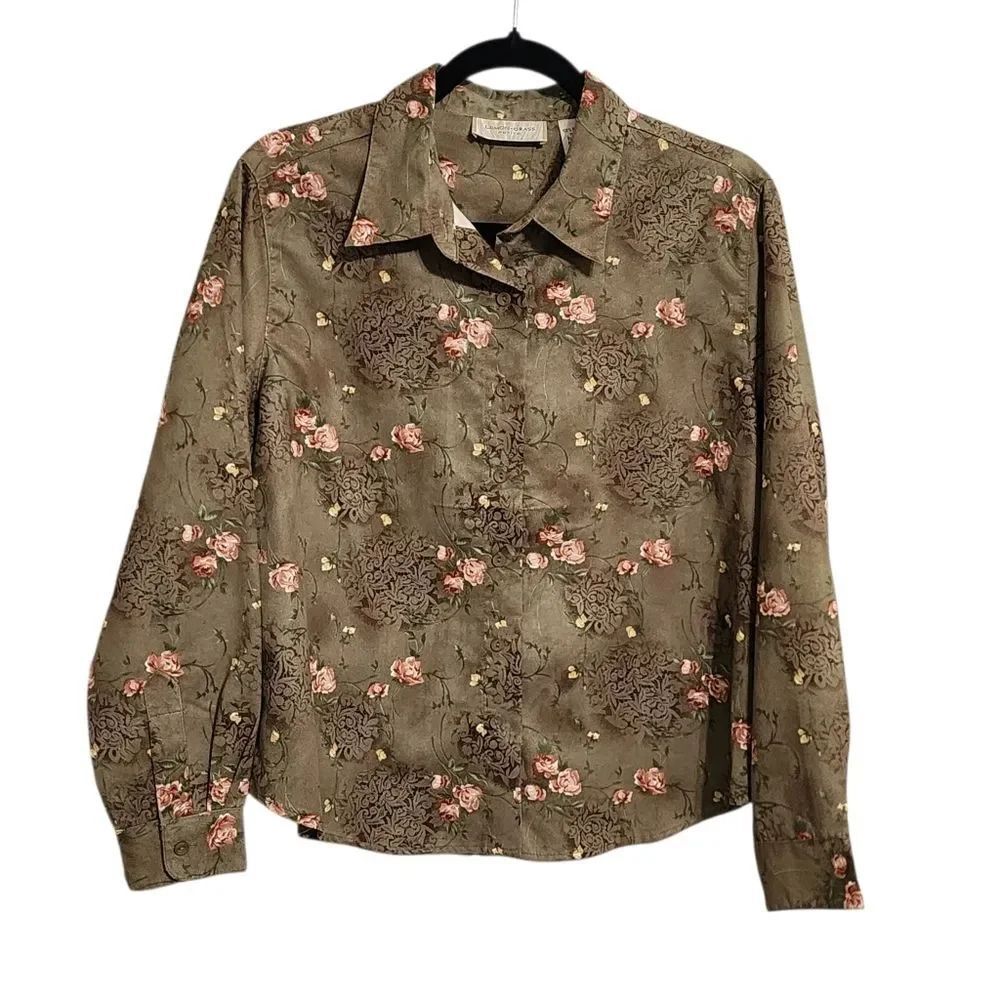 Vintage Button Up Top Lp Green Floral Faux Suede Cottagecore Forest Fairy Grunge